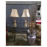 Glass and Brass Entry Table, Vase, Table Lamps