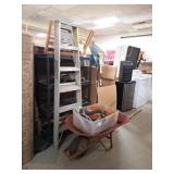 Metal Wheelbarrow, Shelving, Ladder, Yard Tools