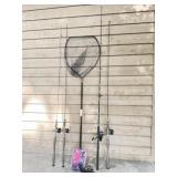 4 Fishing Rods w/ Reels, Fishing Net, Rod Holders
