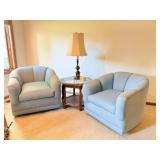 Pair of Swivel Accent Chairs, Table, Lamp