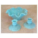 Fenton Blue Turquoise Hobnail Bowl, Candlesticks