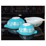 3 Pyrex Mixing Bowls-Turquoise Amish Butterprint