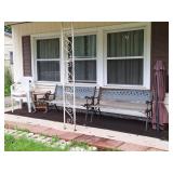 2 Benches, Stacking Chairs, Side Table, Umbrella