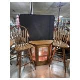 Lighted Oak Curio Cabinet, 2 Oak Bar Stools