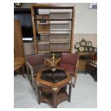 Wooden Shelves, 2 Upholstered Chairs, End Table
