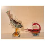 2 Murano-Style Art Glass Fish & Bird