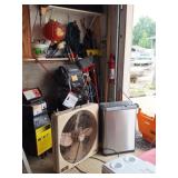Trash Can, Brooms, Extension Cord, Fan