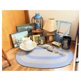 Wall Art, Child's Chair, Blue Glass Shade Lamp