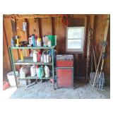 Tool Box, Metal Shelf & Yard Tools