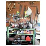 Metal Rack, Drill Press, Grinder, Tools
