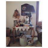 Vintage Library Table, Stoneware Jug, Lamp, Decor