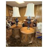 Octagonal End Tables, Pair Chinoiserie Lamps