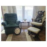 Glider & Ottoman, Swivel Arm Chair, Rug, Table