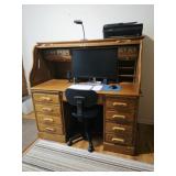 S-Curve Roll Top Desk, Monitor, HP Printer