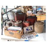 Vintage Metal Gas Cans, License Plates, Pails