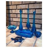 3 Cobalt Swung Vases, Turtle, Ashtray