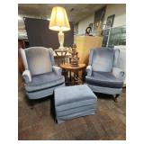 Pair Wingback Chairs, Plant Stands, Statue
