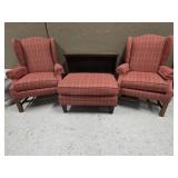 Pair Wingback Chairs, Ottoman, Bookcase