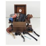 Tobacco Humidor Box w/ Pipe Holder & Pipes