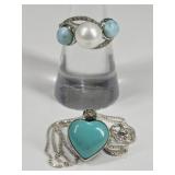 .327 OZT Sterling Silver: Pearl & Larimar Ring