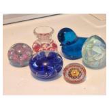 5 Paperweights: St Clair, Blue Bird of Happiness