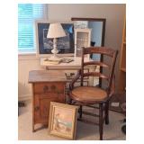 French Provincial Nightstand, Cane Chair, Lamp