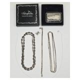 1.30 OZT Sterling Silver Jewelry & 1 OZ Bar