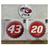 (2AUTO RACING STICKERS & (1)RACING PINACK BUTTON