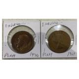 (2)BRITISH "1-PENNY" COINS-1920 / 1967
