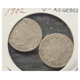 (2) 1902 LIBERTY V-NICKELS ***IN 2x2's*** (GOOD /