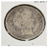 1909-D BARBER QUARTER (90% SILVER) (GOOD-6)
