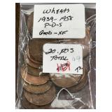 (BAG OF 20) 1939-1958-P-D-S- LINCOLN WHEAT BACK