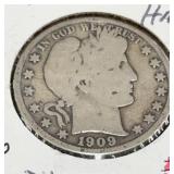 1909 BARBER HALF DOLLAR (90% SILVER) (GOOD+)