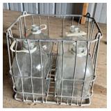METAL DAIRY CRATE W/(4)GLASS BOTTLES
