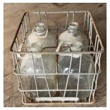 METAL DAIRY CRATE W/(4)GLASS BOTTLES