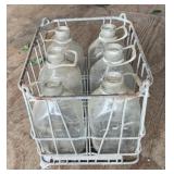 METAL DAIRY CRATE W/(6)GLASS BOTTLES