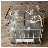 METAL DAIRY CRATE W/(4)GLASS BOTTLES