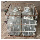 METAL DAIRY CRATE W/(4)GLASS BOTTLES