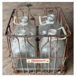 METAL DAIRY CRATE W/(4)GLASS BOTTLES