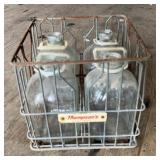 METAL DAIRY CRATE W/(4)GLASS BOTTLES
