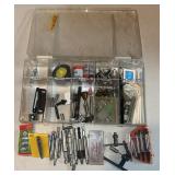 PLASTIC CASE W/ASSORTED ITEMS FROM THE SHOP AREA-
