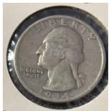 1934 WASHINGTON AUARTER (90% SILVER) (GOOD)