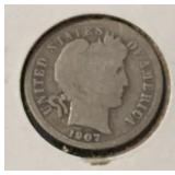 1907 BARBER DIME (90% SILVER) (GOOD)