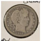 1912 BARER QUARTER (90% SILVER) (GOOD-6)