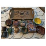 "SOUTHWESTERN" POTTERY W/WOODEN TRAY-ASSORTED