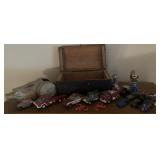 WOODEN BOX W/ASSORTED TOYS FROM THE PAST