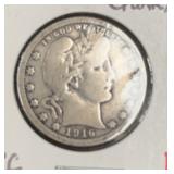 1916-D BARBER QUARTER (90% SILVER) (VG)