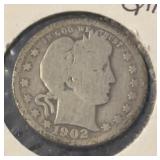 1902 BARBER QUARTER (90% SILVER) (GOOD)