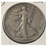 1939-D WALKING LIBERTY HALF DOLLAR (90% SILVER) VG