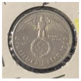 1939-A GERMANY (2~MARK) .625 SILVER COIN W/SWASTIK